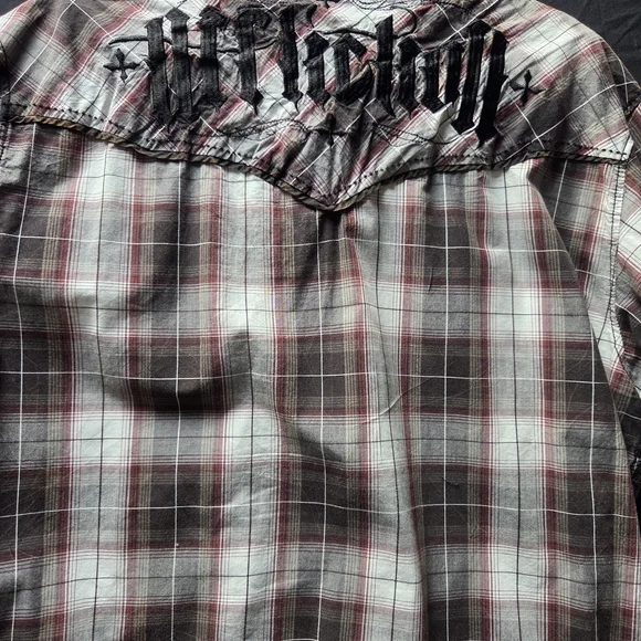 Affliction Mens Red and Black Long Sleeve Plaid Button Down Shirt - Picture 3 of 7